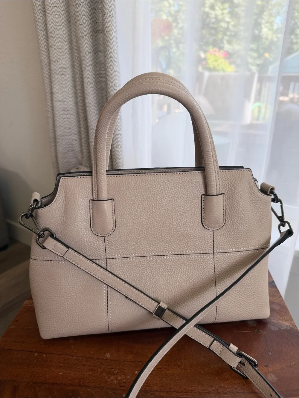Structured Pebble Leather Satchel in Light Beige with Adjustable Strap